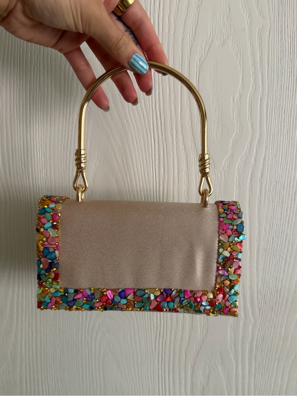 SHEIN Beige Clutch with Multicolor Stone Trim and Gold Handle/ Chain included